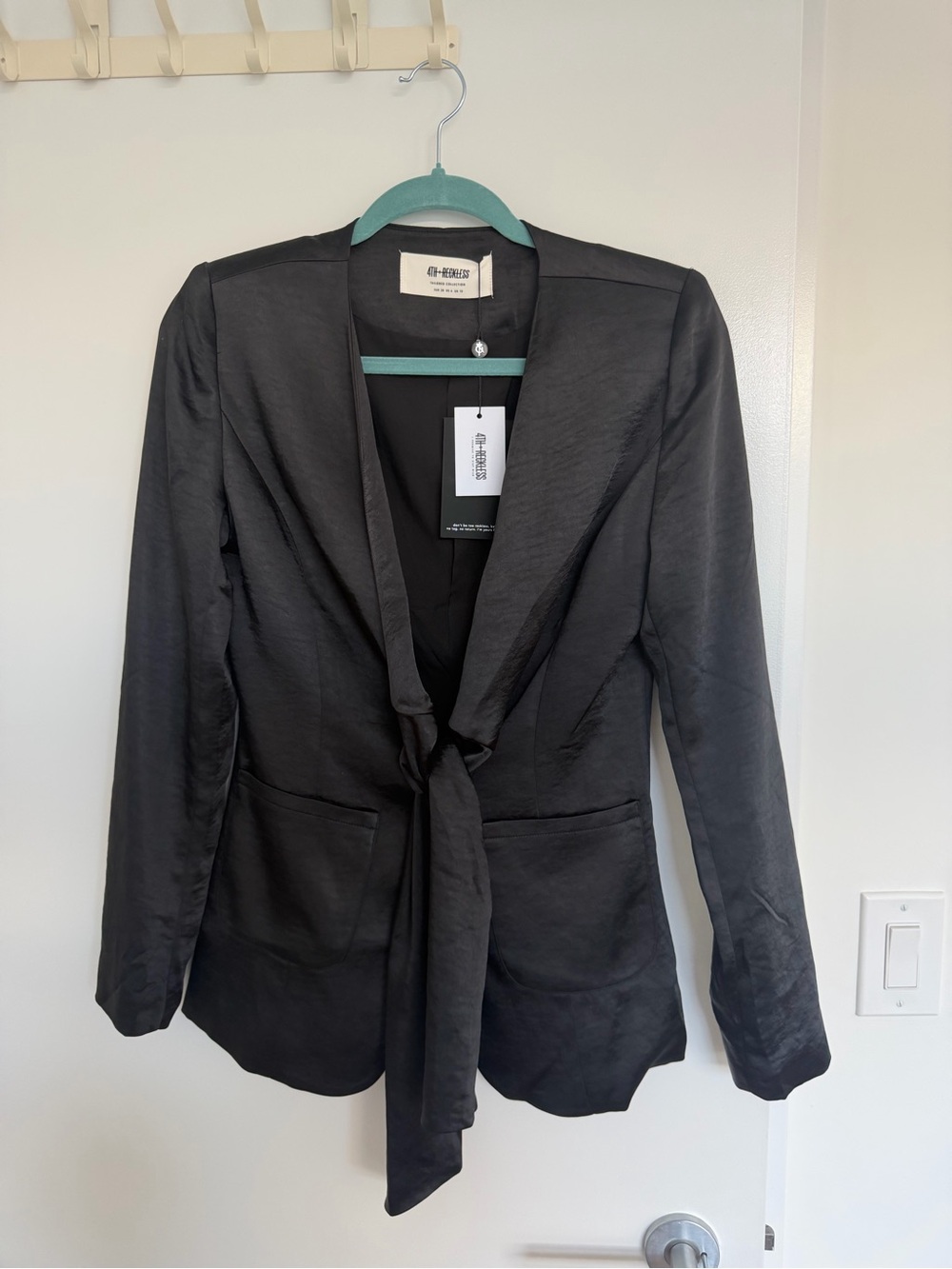 Tied-Front Satin Blazer Jacket in Black